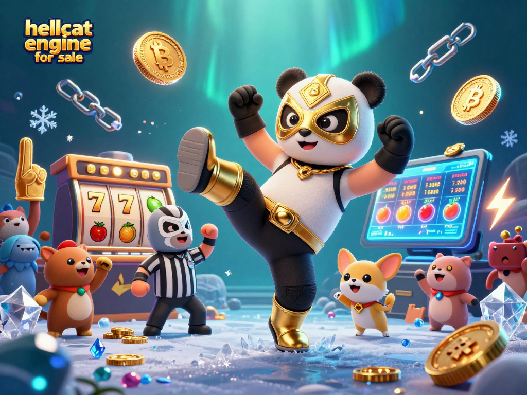 Exciting scene showing a 3D wrestling panda celebrating a jackpot while promoting Hellcat engines for sale.