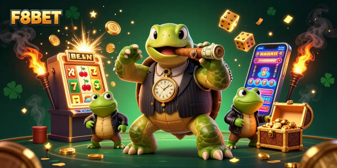 Engage with fun at F8BET's vibrant casino illustration, showcasing epic characters and slot machines!