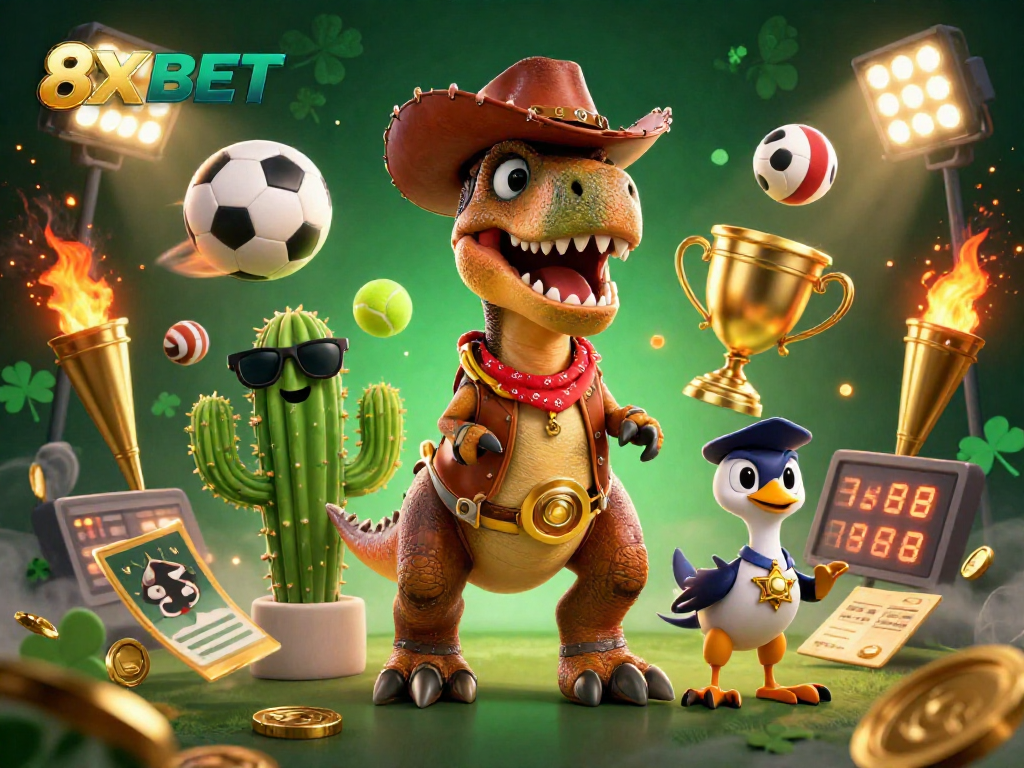 Engage in thrilling sports betting with 8XBET, featuring a vibrant T-Rex and dynamic gaming elements.