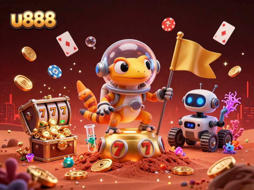 Experience u888's thrilling casino adventure with a Martian gecko, showcasing slot reels and vibrant treasures.