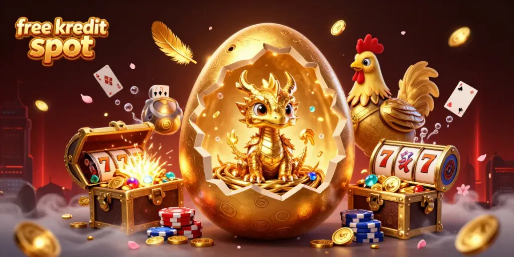Experience the thrill of free kredit slot with vibrant casino elements and captivating golden creatures.