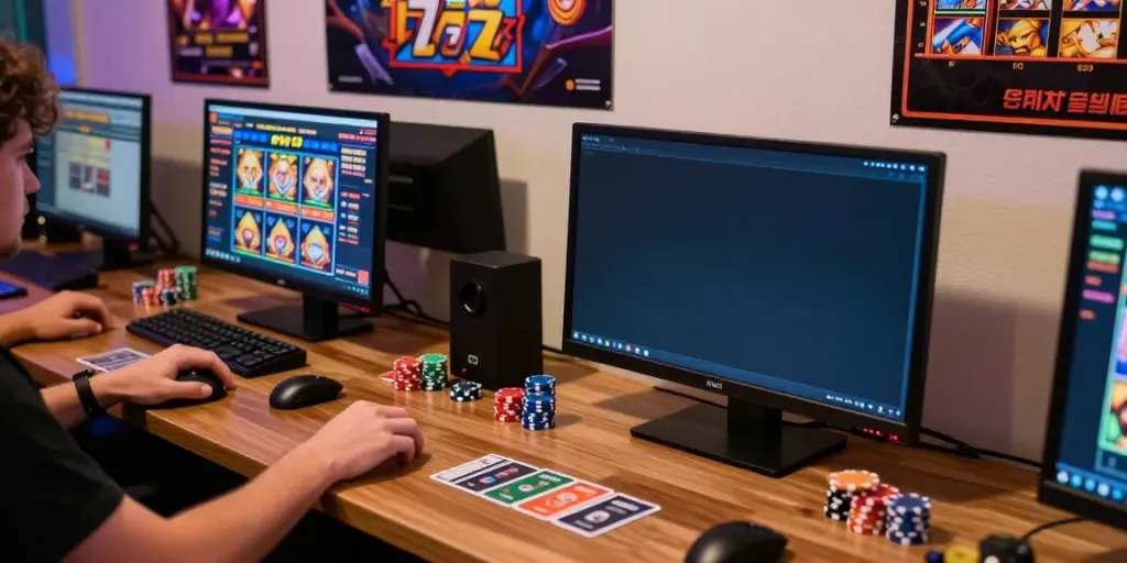 Pengguna sedang bermain slot777 di laptop dengan aksesori permainan di sekitarnya.