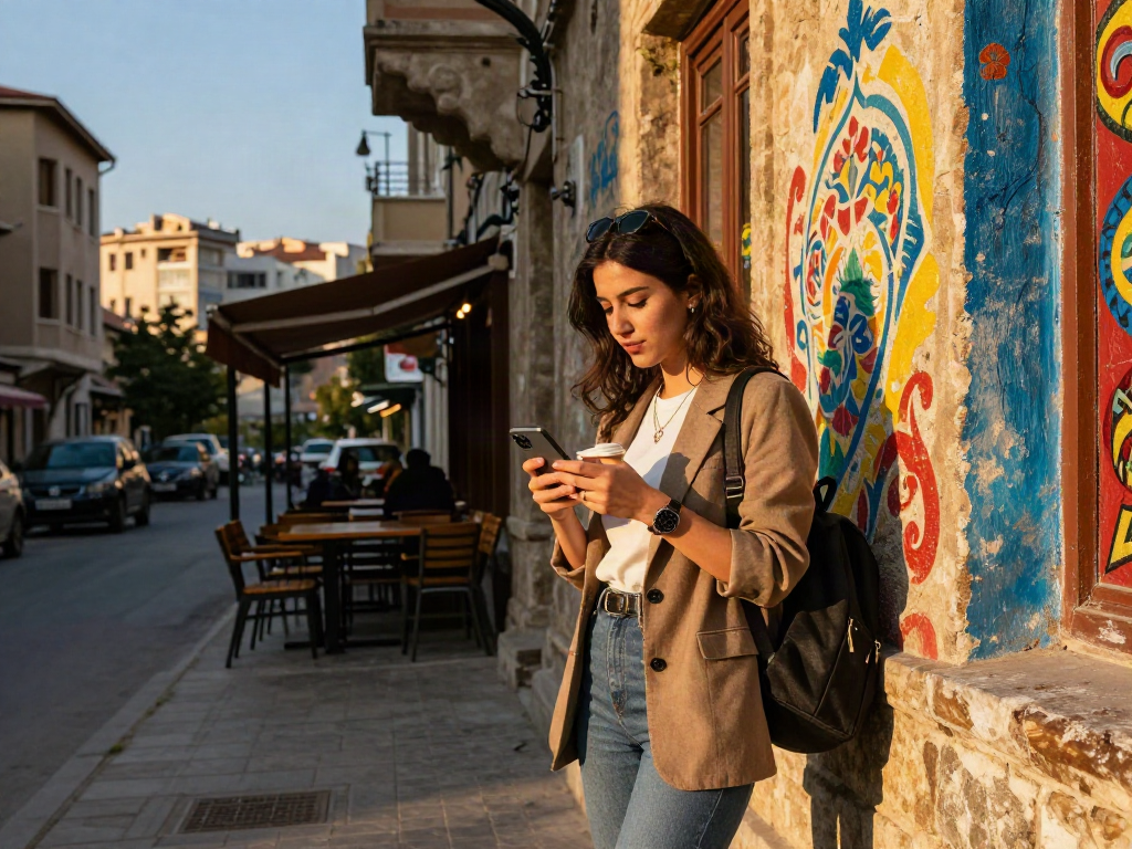 diyarbakır escort ile şık bir kadının şehrin sokaklarında yürüyüş yaparken, tarihi mimarinin arka planda yer aldığı bir görüntü.
