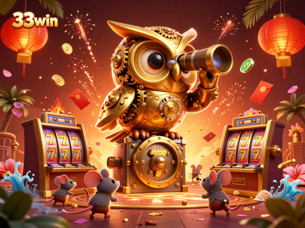 Play lucky slots at 33win with a clockwork owl and vibrant casino elements.