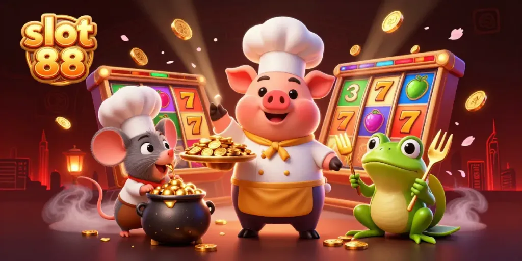 Experience the excitement of slot 88 surrounded by vibrant characters, golden coins, and dynamic slot reel symbols.