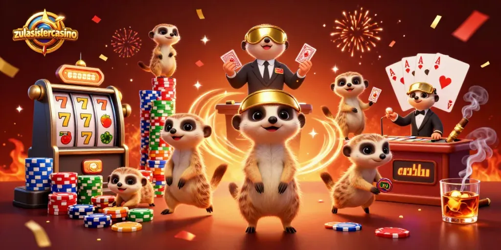 Experience the thrill at zulasistercasino with meerkats enjoying their vibrant casino games.