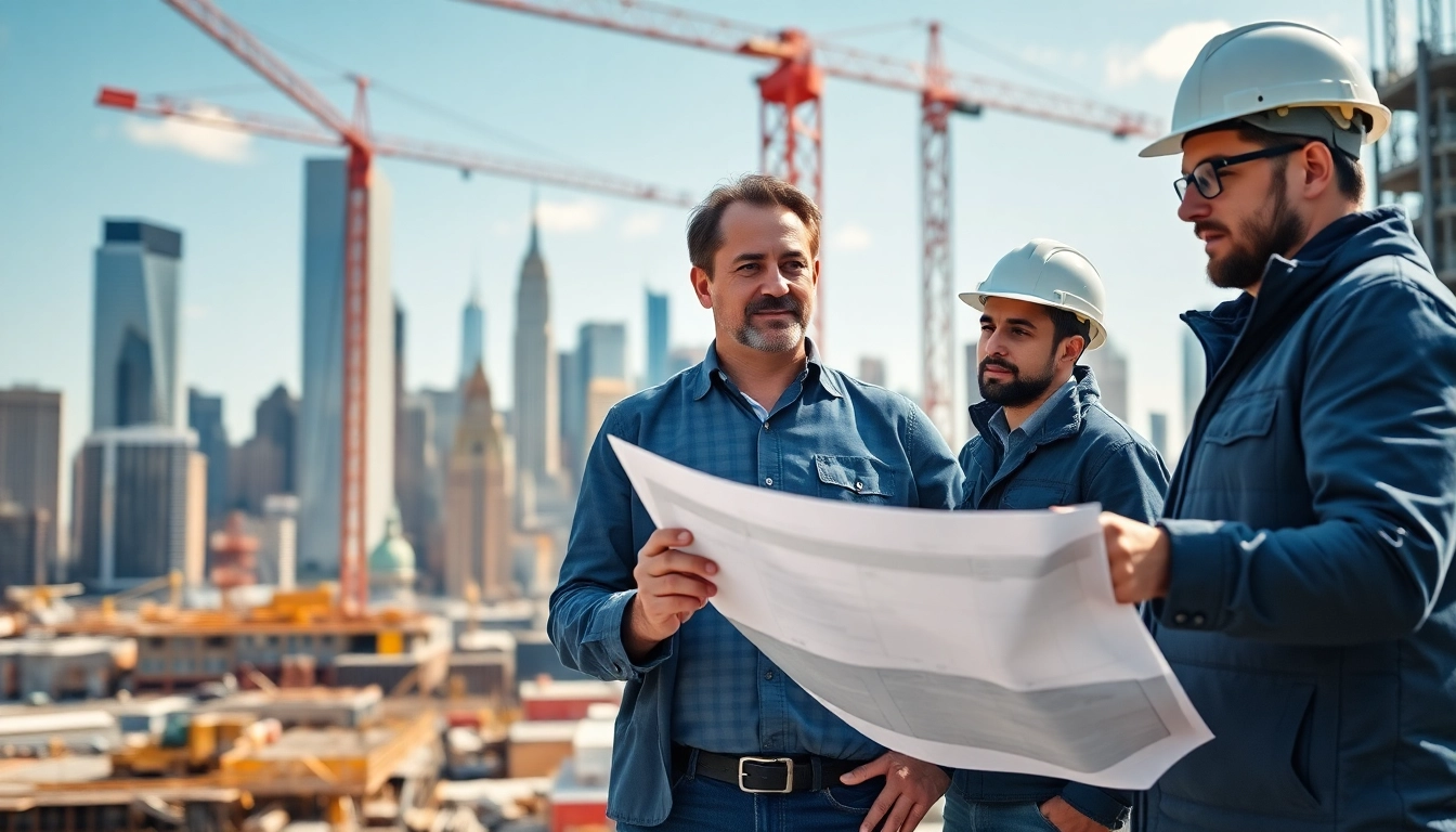 New York Construction Manager leading a project on-site with urban skyline backdrop