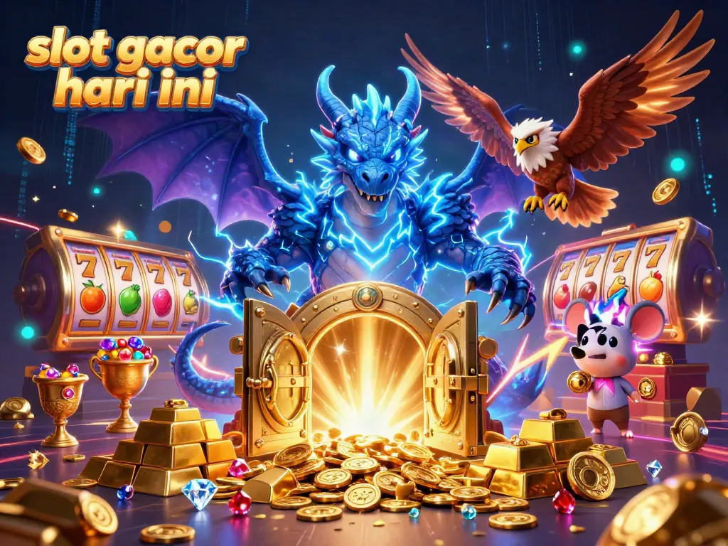 Engage with slot gacor hari ini through this vibrant 3D casino illustration featuring dynamic game elements and characters.