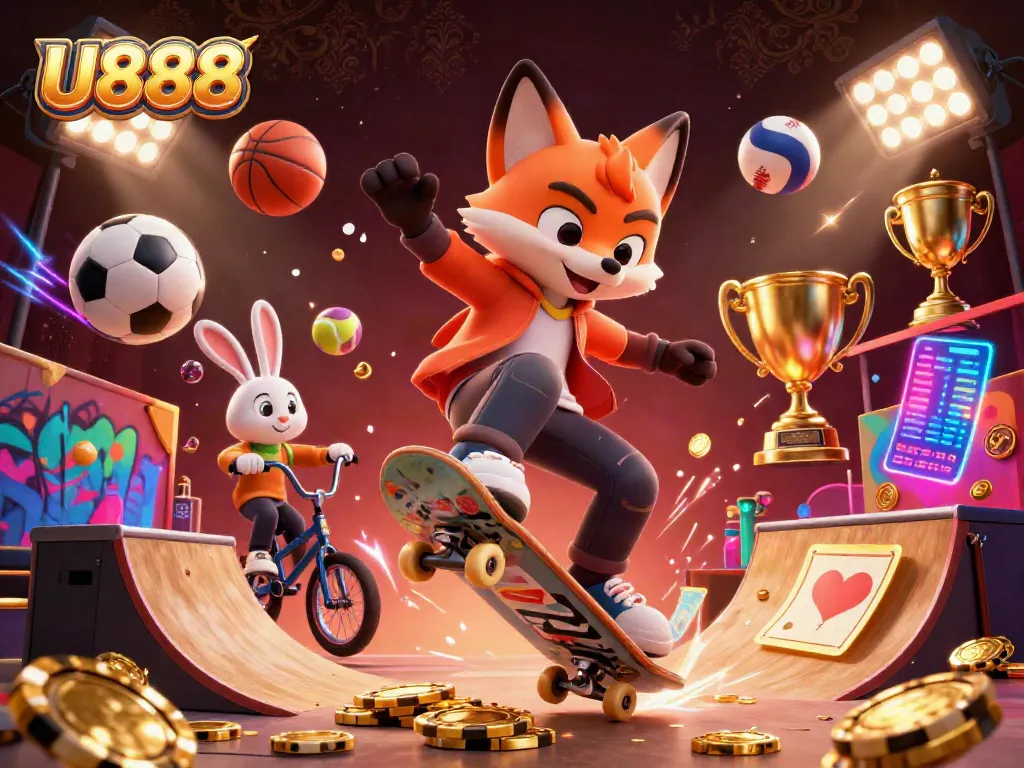 Engage with U888's vibrant gaming world featuring a skateboarder fox and BMX rabbit in action.