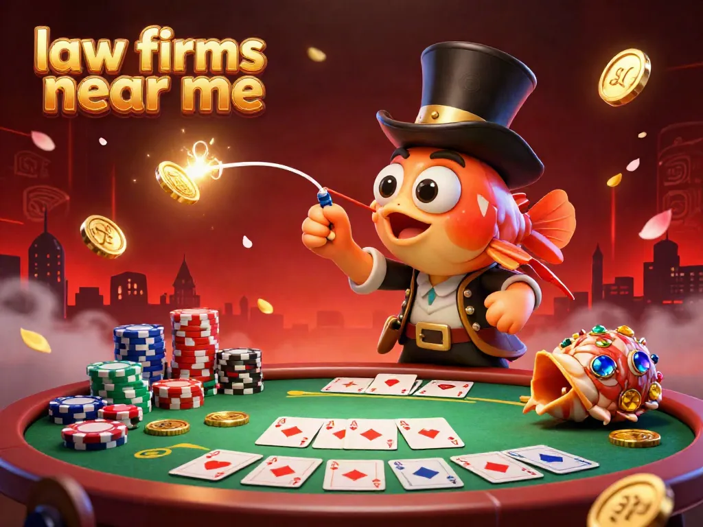 Engaging casino scene showcasing the 3D cartoon anglerfish in a top hat and glowing lure attracting coins, representing law firms near me.
