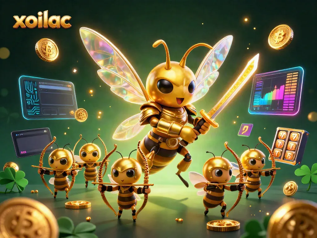 Experience the excitement of gambling with xoilac as 3D golden hornet warriors battle amidst glowing crypto elements.