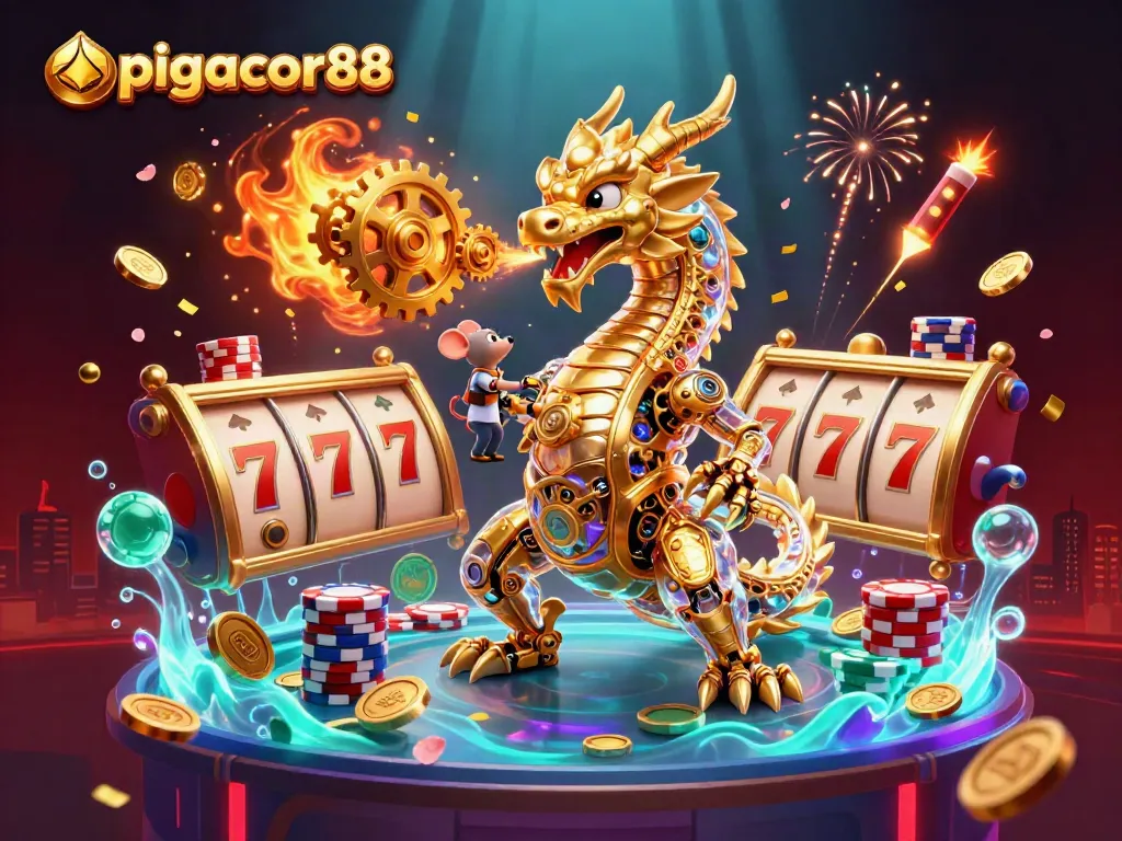 Engage in thrilling gameplay with apigacor88, featuring a dynamic 3D illustration of a golden dragon and game elements.