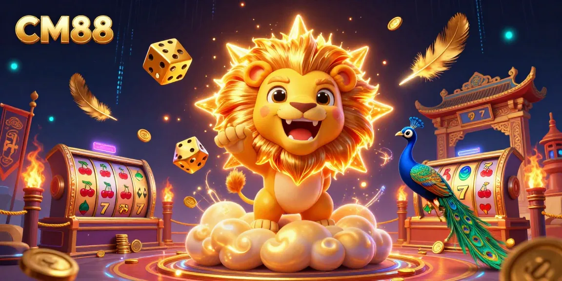 Experience the thrill of CM88 in this vibrant casino illustration featuring a roaring lion and dazzling dice.