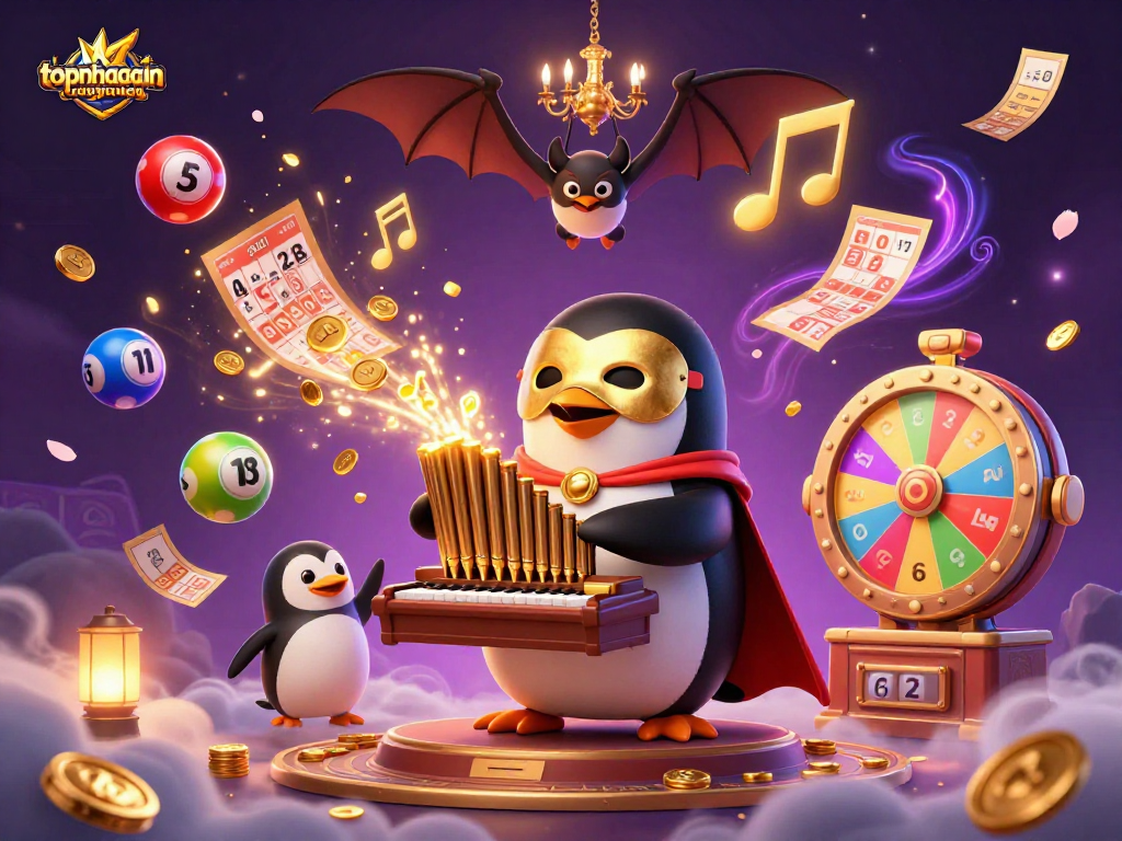 Join the gaming excitement at topnhacaiuytinn with a playful scene of a penguin gambling amidst colorful lottery elements and golden prizes.