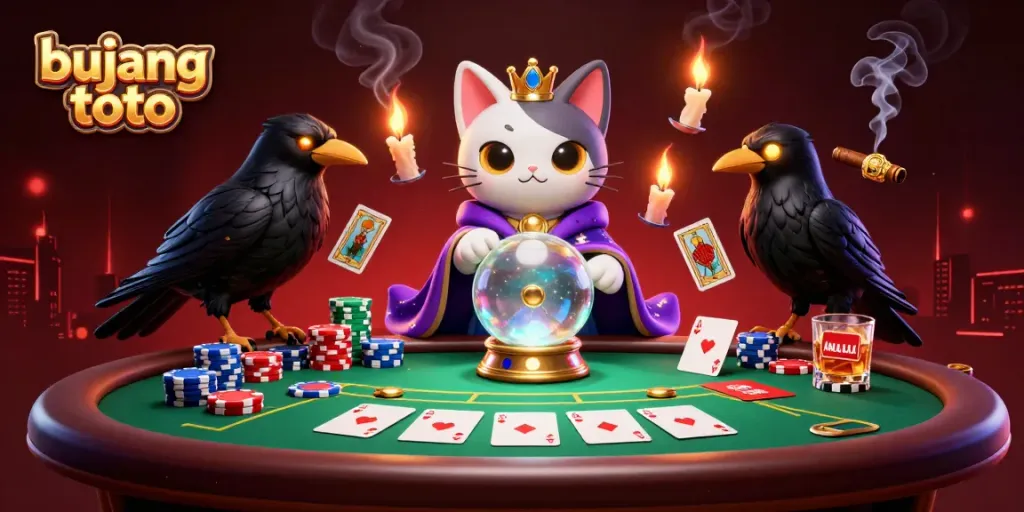 Engage in thrilling gameplay with bujang toto as a mystical cat, tarot raven, and poker elements collide.