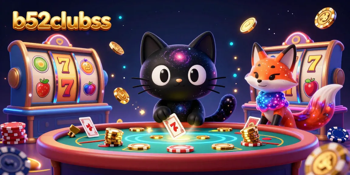 b52clubss features a playful black hole cat at a cosmic casino table attracting golden chips and cards amidst vibrant gaming elements.