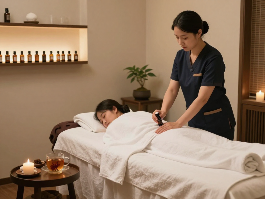 Massage therapy session at Balanced Massage showcasing serene environment and professional therapist preparing essential oils. mantra88 promotes relaxation and wellness.