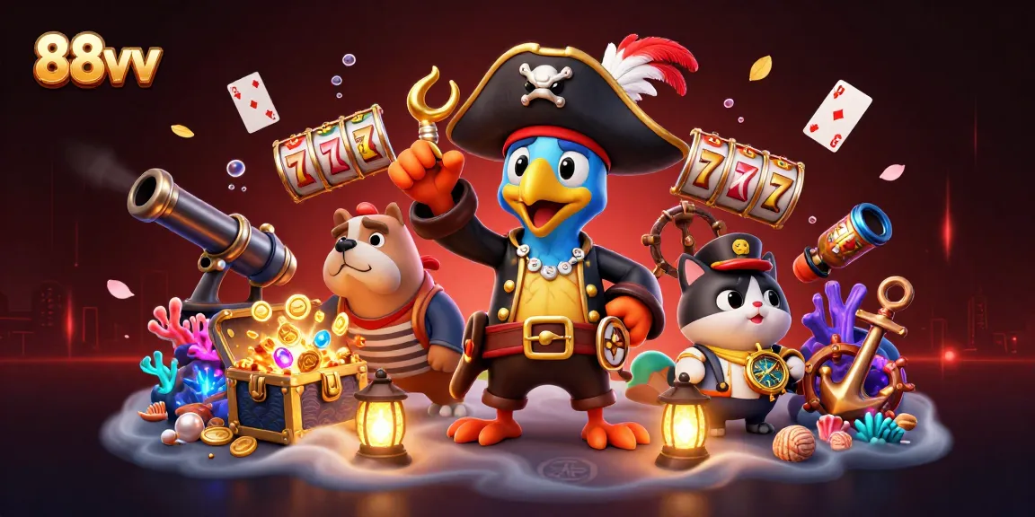 Experience excitement with 88vv in a vibrant 3D illustration featuring pirate characters and casino games.