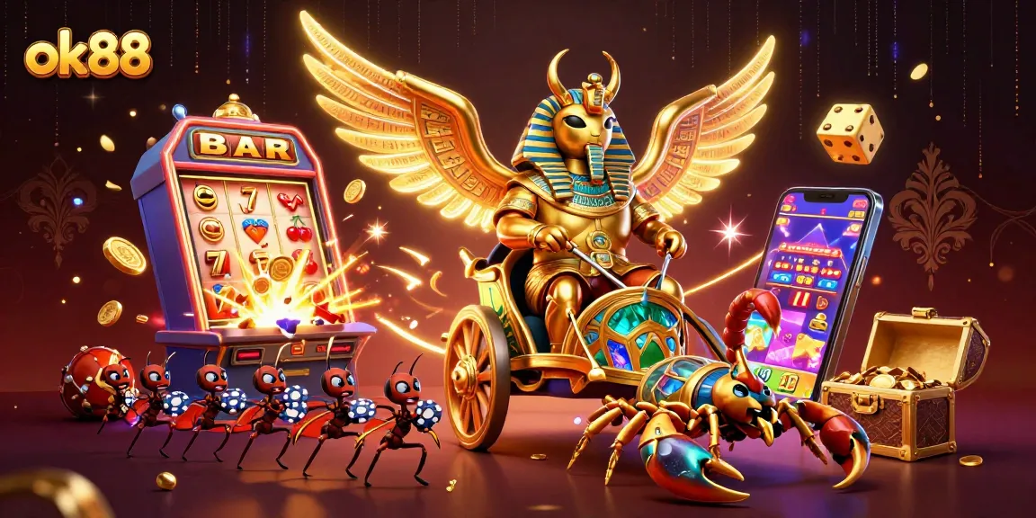Experience the excitement of ok88 with a vibrant casino scene featuring golden scarabs and jackpot elements.