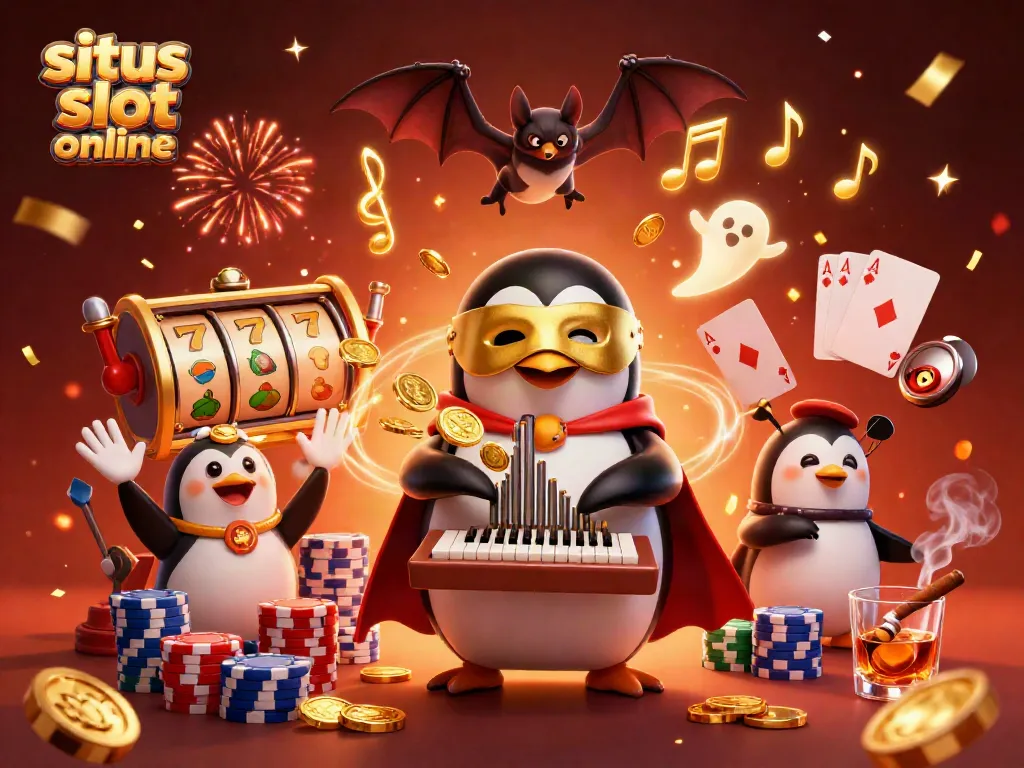 Slot online yang menarik menciptakan suasana mendebarkan dengan simbol keberuntungan dan koin emas di udara.