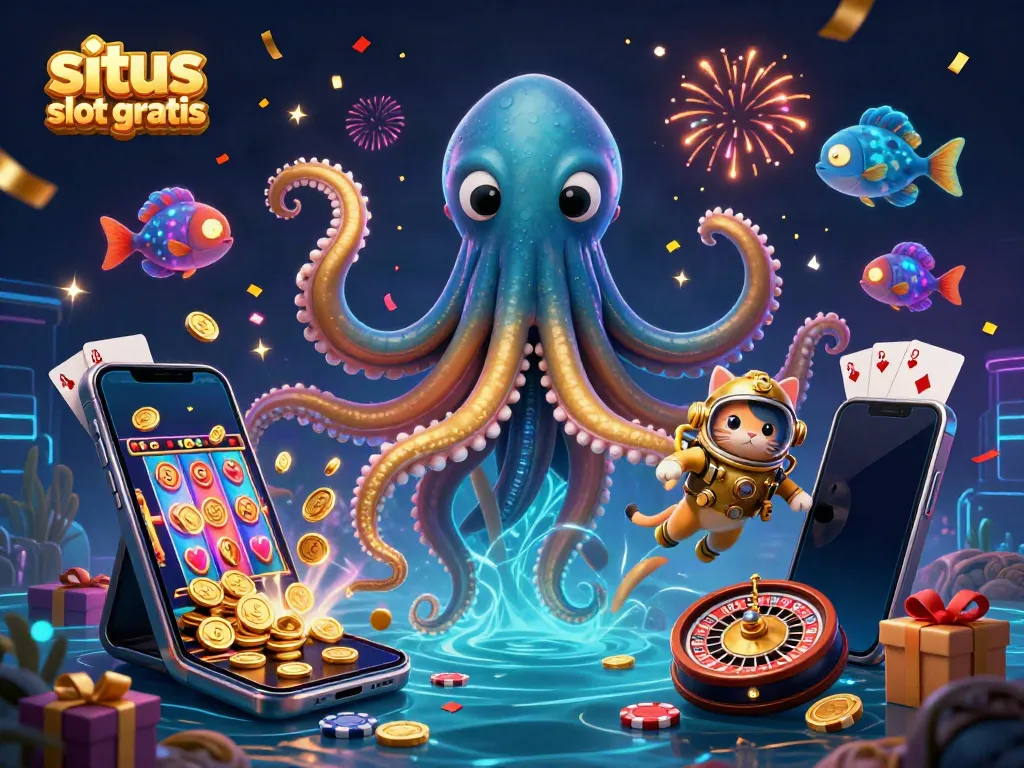 Experience the excitement of situs slot gratis with a treasure-hunting kraken and vintage diving cat.