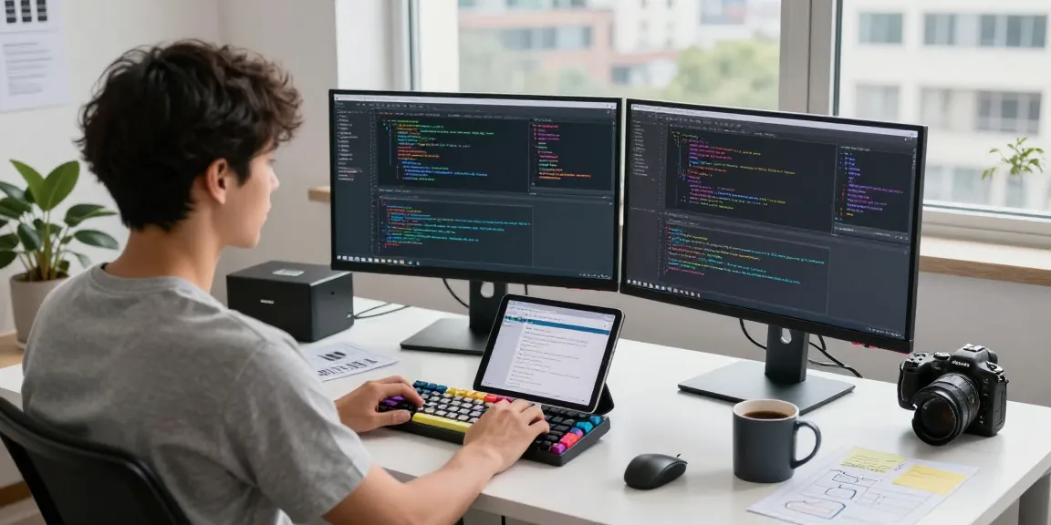Software engineer coding at dual monitors in modern workspace on corluticaret.net