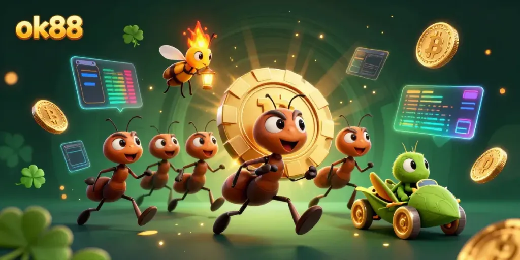 Experience thrilling gameplay with ok88 as ants carry a poker chip in a vibrant casino heist