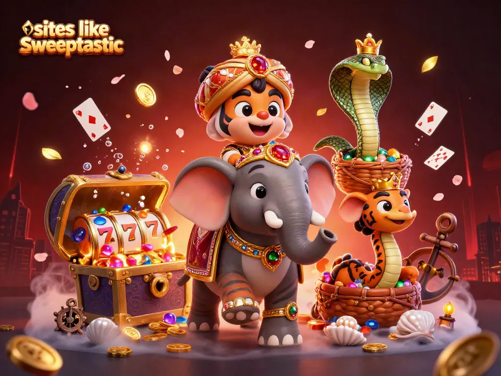 Win big with sites like sweeptastic featuring a maharaja and elephant surrounded by casino treasures.