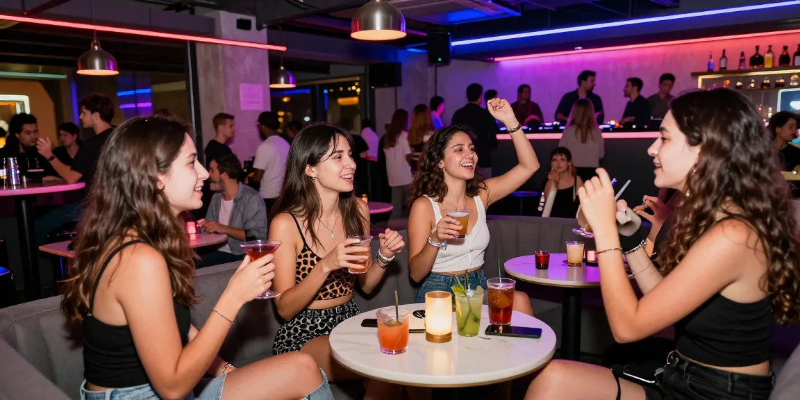 Một buổi tối sôi động với gái gọi hòa mình vào không khí tiệc tùng, ánh đèn neon chiếu sáng, đồ uống trên bàn.