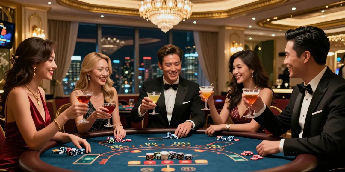 Momen kemenangan LUXURY777 di kasino mewah dengan teman-teman dan dekorasi glamor.