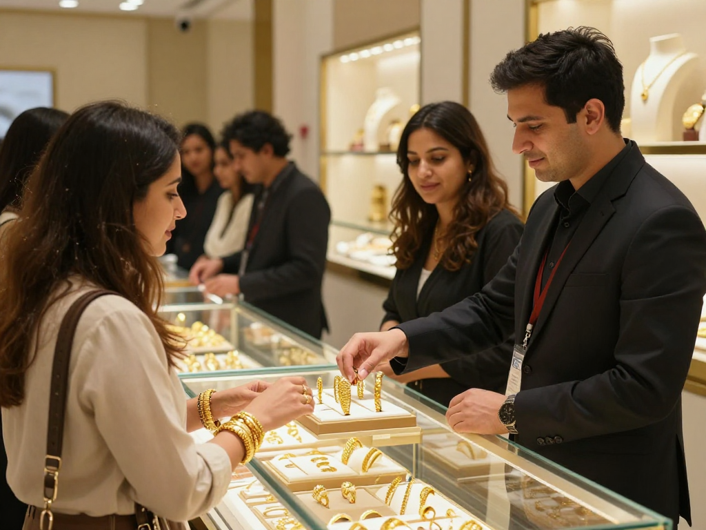 Customer exploring mantra88 gold jewelry options with expert assistance in an elegant store.