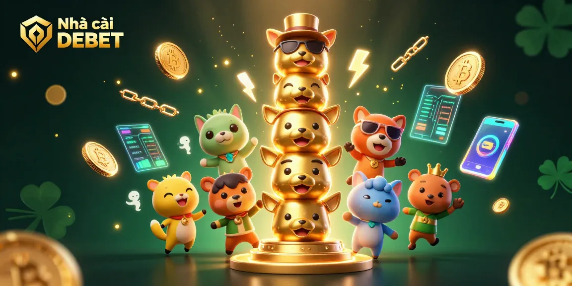 Engage with Nhà cái DEBET's vibrant 3D casino environment packed with crypto and gaming elements.