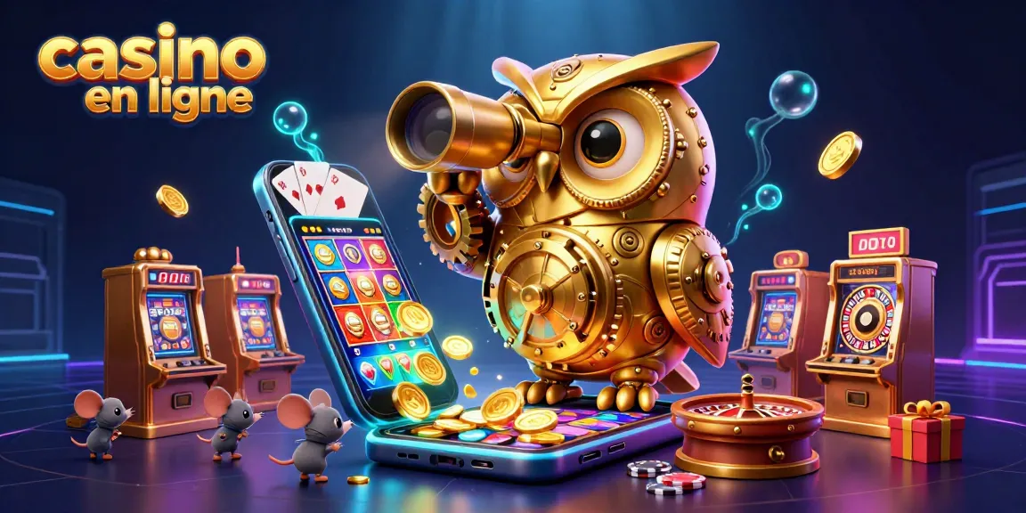 Illustration d'un casino en ligne vibrant avec un hibou doré et des souris sur des machines à sous.