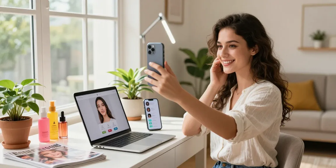 Young woman using the attractive test application in a modern beauty studio.