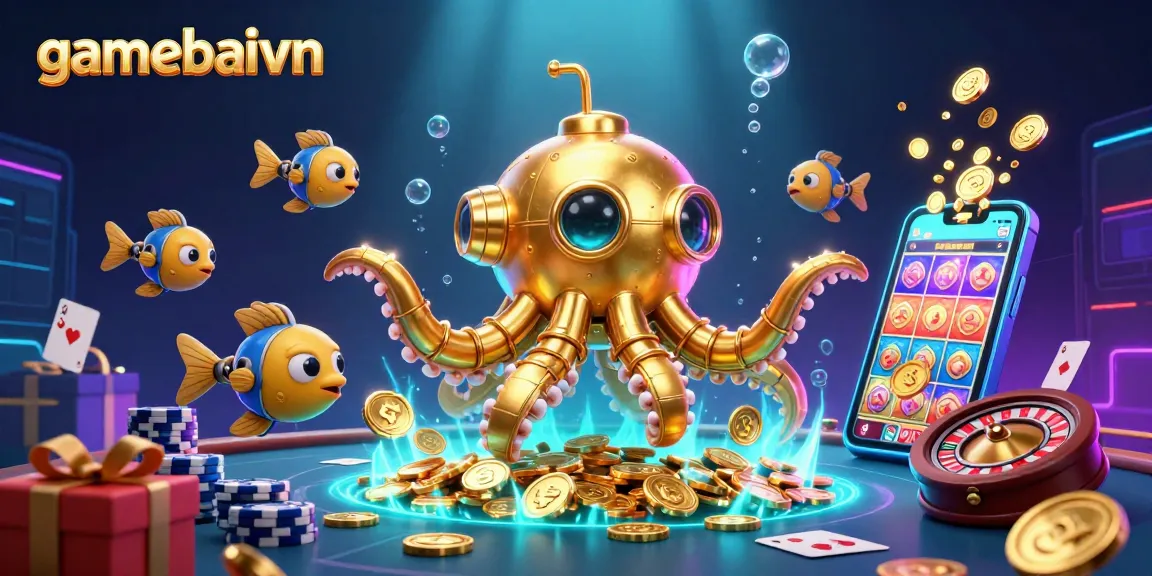 gamebaivn offers engaging poker play and gaming excitement amidst golden coins and colorful illustrations.