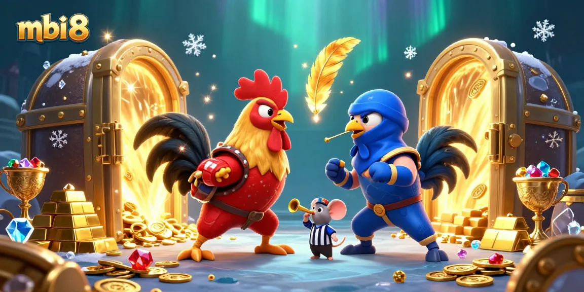 Experience thrilling cockfights with the dramatic confrontation of mbi 8’s cartoon roosters.