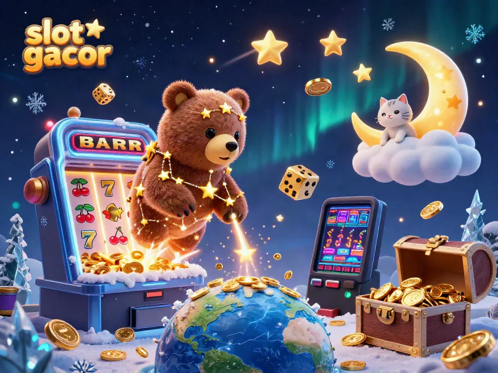 Engage with the vibrant slot gacor theme in this colorful 3D digital illustration showcasing a constellation bear and a slot machine bursting with coins and symbols.