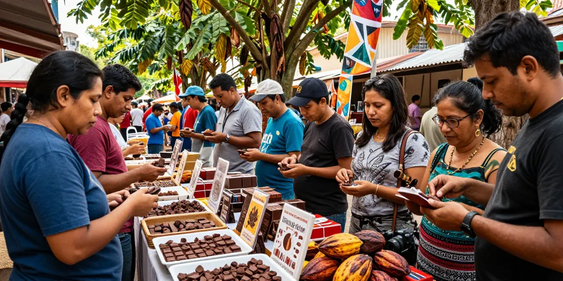 Market scene featuring m98 cacao products with diverse people enjoying artisanal chocolate.