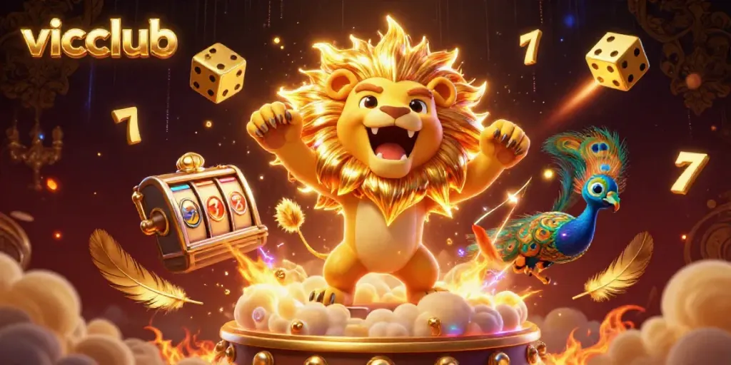 Experience the thrilling world of vicclub with a roaring lion and dazzling golden dice.