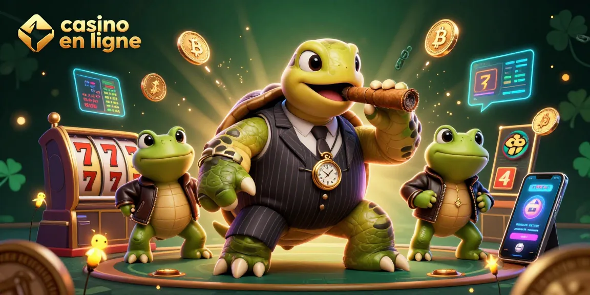 Gagnez avec le casino en ligne grâce à une scène animée de tortue et de grenouilles en costume, illuminée par des feux follets.