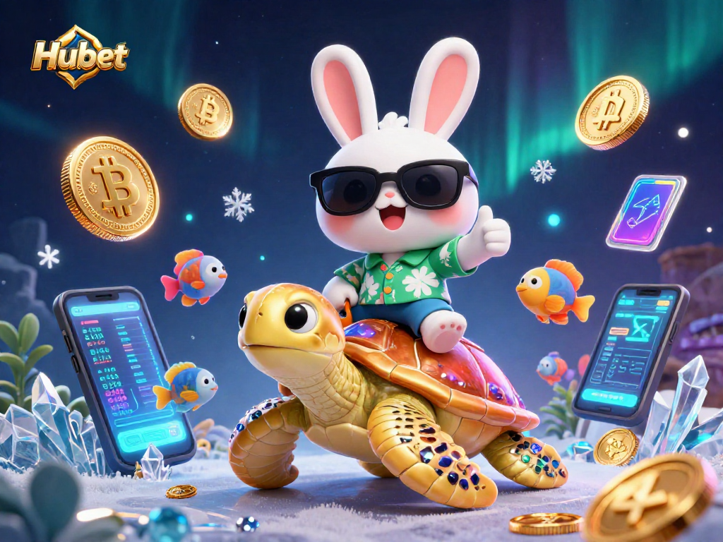 Win big at Hubet with an exciting 3D illustration featuring a lucky rabbit and golden turtle.