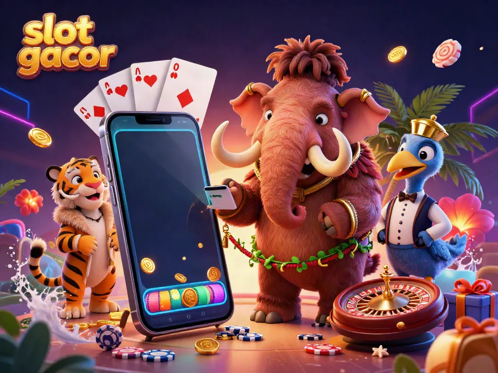 Experience thrilling slot gacor action with a cartoon bouncer and stylish VIP in a vibrant casino scene.