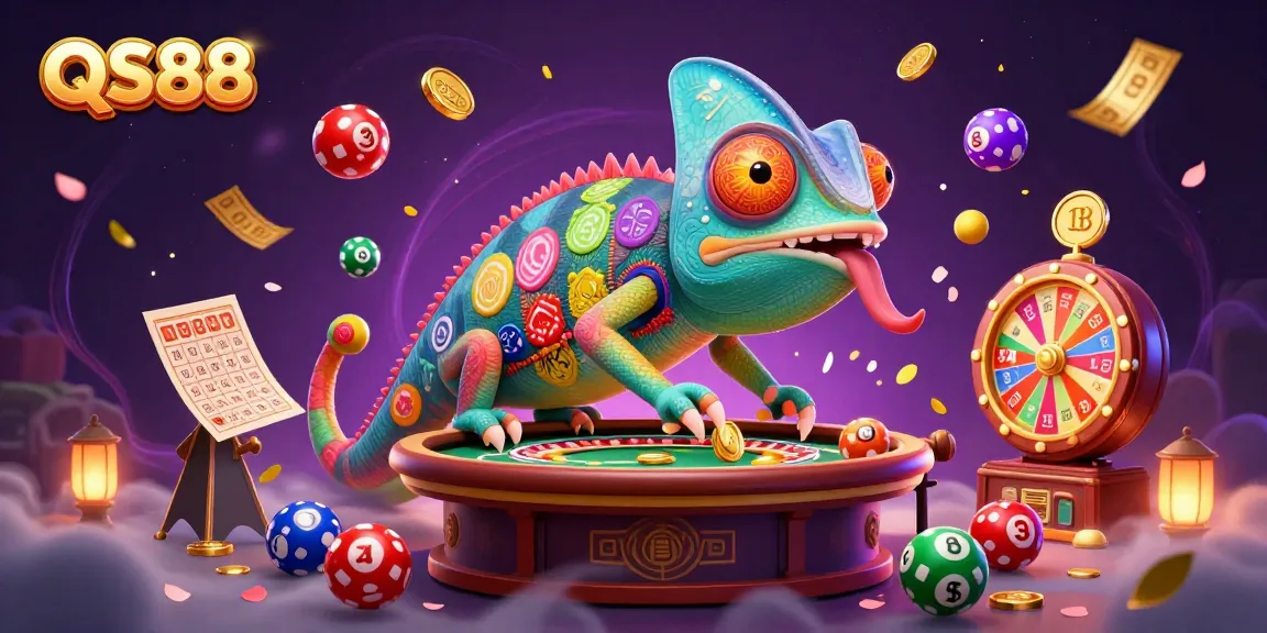 Experience QS88's vibrant gaming world with a chameleon casino owner collecting coins in a dynamic 3D illustration.