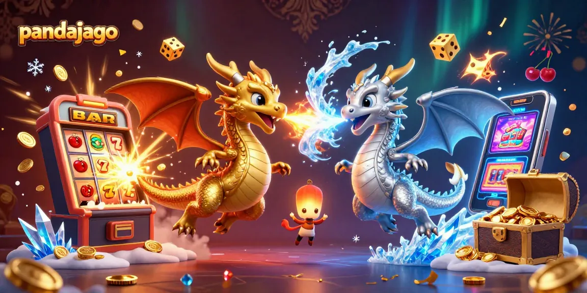 Pandajago menampilkan elemen slot dan naga terbang dalam ilustrasi kasino yang fantastis.