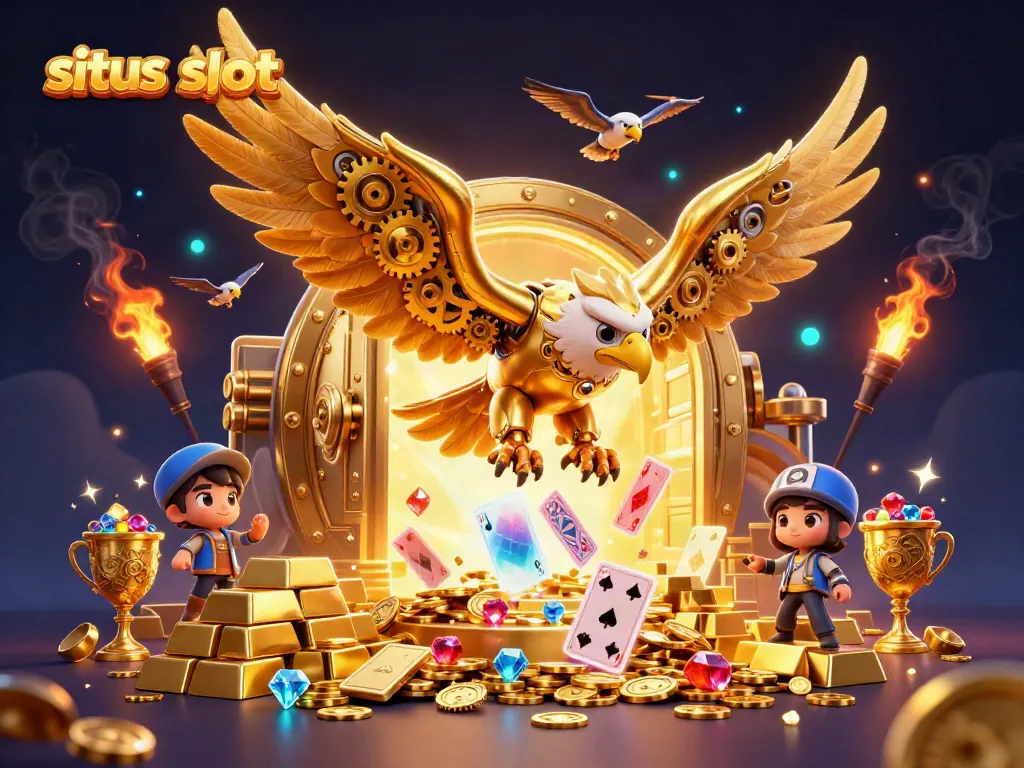 Ilustrasi 3D situs slot yang menggambarkan elang cybernetic dan kartu bermain holografik, dikelilingi harta emas.