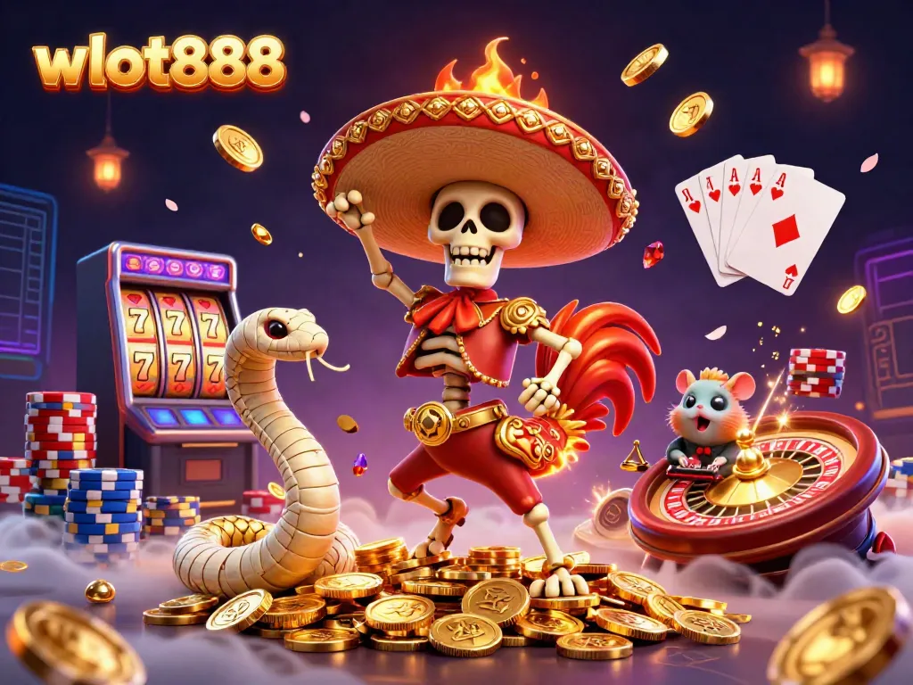 Karakter wslot888 merayakan jackpot dengan koin emas dan slot mesin pemenang.