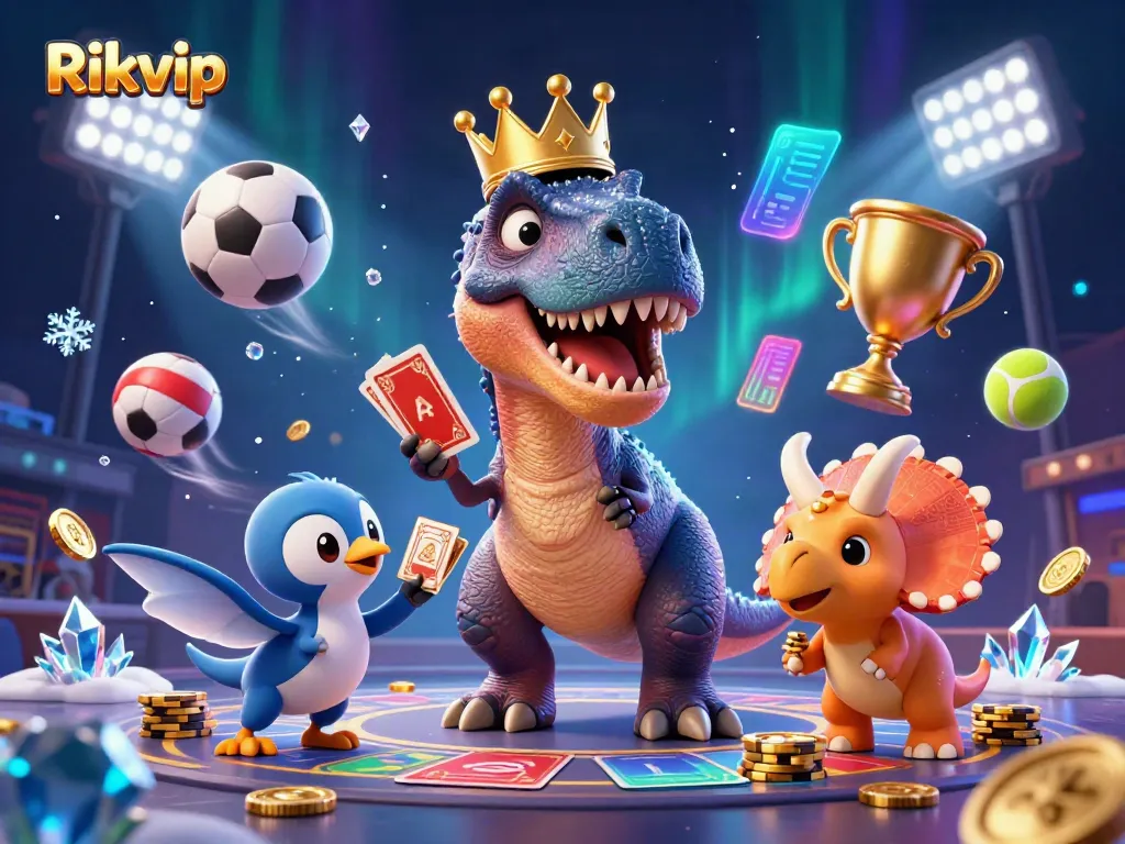 Engage in gambling fun with Rikvip, featuring friendly T-Rex shuffling cards, and stacked golden chips!