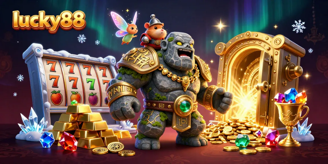 Experience the thrill of lucky88 with a 3D golem guardian and treasures in a vibrant casino scene.