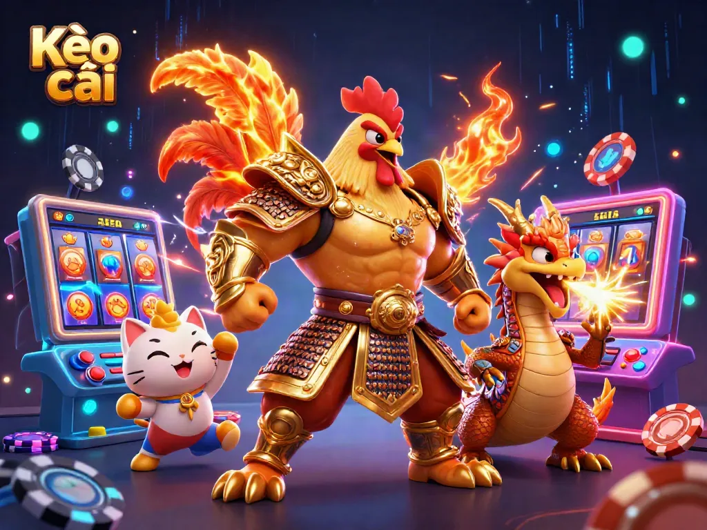 Experience the thrill of Kèo nhà cái with dynamic characters like a rooster warrior in casino-themed battle.