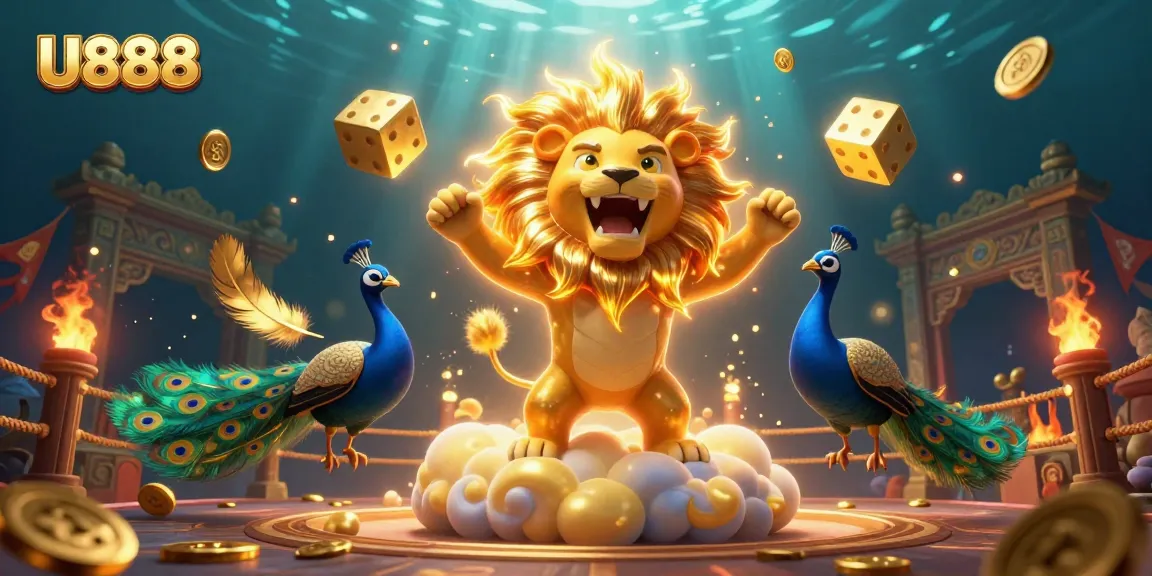 Bet with U888 as a majestic lion roars above golden dice, surrounded by dynamic casino elements.